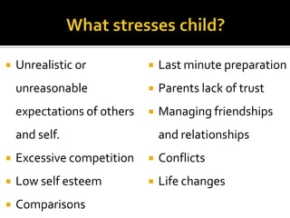 Unrealistic or



Last minute preparation

unreasonable



Parents lack of trust

expectations of others





Managing friendships

and self.

and relationships



Excessive competition



Conflicts



Low self esteem



Life changes



Comparisons

 