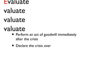 Evaluate
valuate
valuate
valuate
• Perform an act of goodwill immediately
after the crisis
• Declare the crisis over
 