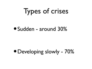 Types of crises
•Sudden - around 30%
•Developing slowly - 70%
 