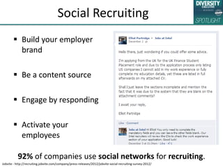 Social Recruiting
 Build your employer
brand
 Be a content source
 Engage by responding
 Activate your
employees
92% o...