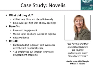 Case Study: Novelis
 What did they do?
• 41% of new hires are placed internally
• Employees get first shot at new opening...
