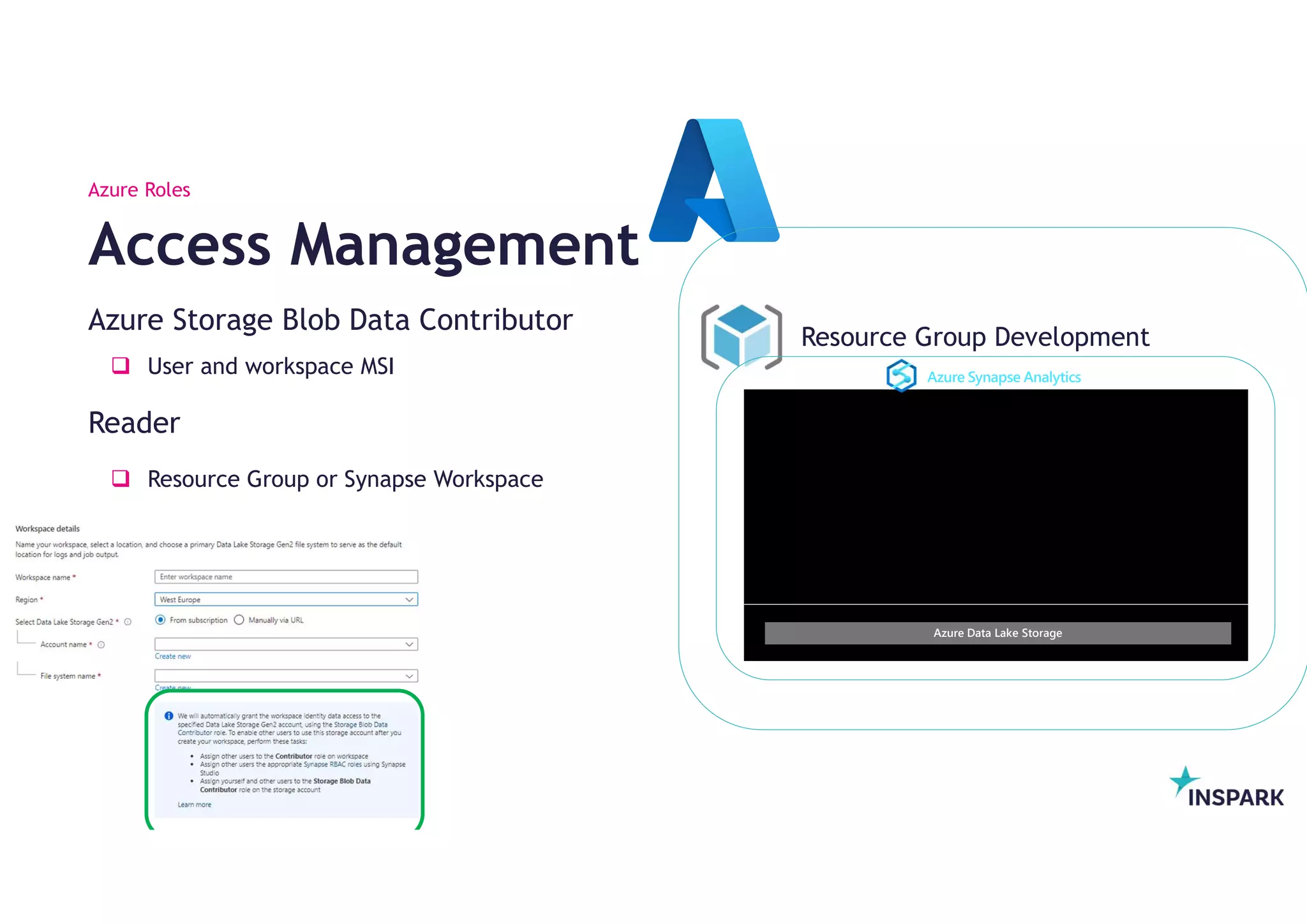 InSpark
Azure Synapse Analytics
Resource Group Development
Azure Storage Blob Data Contributor
 User and workspace MSI
Reader
 Resource Group or Synapse Workspace
Access Management
Azure Roles
Azure Data Lake Storage
 