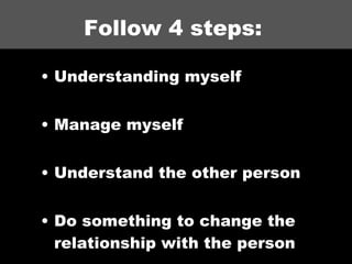 Follow 4 steps:  Understanding myself  Manage myself  Understand the other person  Do something to change the relationship with the person  