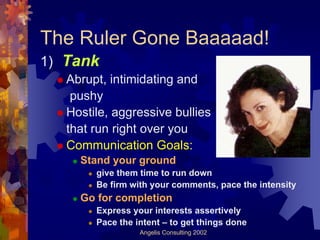The Ruler Gone Baaaaad!
1) Tank
   Abrupt, intimidating and
    pushy
   Hostile, aggressive bullies
   that run right ove...