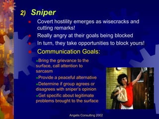 2)   Sniper
      Covert hostility emerges as wisecracks and
      cutting remarks!
      Really angry at their goals bein...