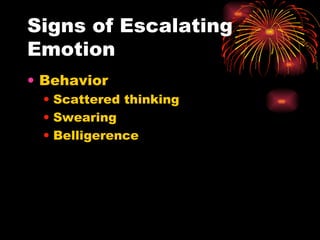 Signs of Escalating Emotion Behavior Scattered thinking Swearing Belligerence 