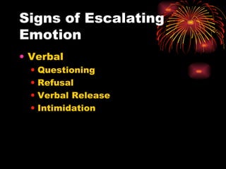 Signs of Escalating Emotion Verbal Questioning Refusal Verbal Release Intimidation 