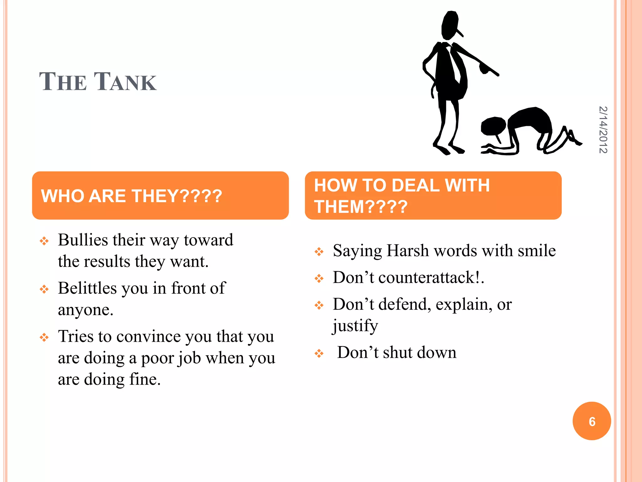 THE TANK
 Saying Harsh words with smile
 Don’t counterattack!.
 Don’t defend, explain, or
justify
 Don’t shut down
WHO ARE THEY????
HOW TO DEAL WITH
THEM????
 Bullies their way toward
the results they want.
 Belittles you in front of
anyone.
 Tries to convince you that you
are doing a poor job when you
are doing fine.
2/14/2012
6
 