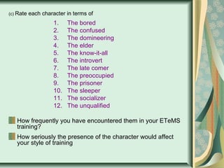 (c) Rate

each character in terms of

1.
2.
3.
4.
5.
6.
7.
8.
9.
10.
11.
12.

The bored
The confused
The domineering
The e...