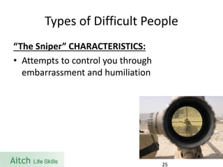 Types of Difficult People 
“The Sniper” CHARACTERISTICS: 
•Attempts to control you through embarrassment and humiliation 
25 
 