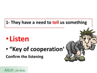 •Listen 
•“Key of cooperation” 
Confirm the listening 
1-They have a need to tellus something  
