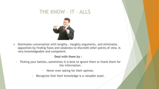 THE KNOW – IT – ALLS
 Dominates conversation with lengthy , haughty arguments, and eliminates
opposition by finding flaws and weakness to discredit other points of view. Is
very knowledgeable and competent.
Deal with them by :
 Picking your battles…sometimes it is best to ignore them or thank them for
the information.
 Never ever asking for their opinion.
 Recognize that their knowledge is a valuable asset.
 