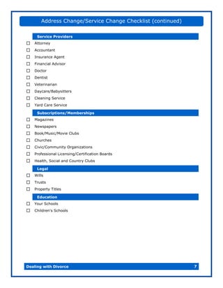 Address Change/Service Change Checklist (continued)

     Service Providers
Attorney
Accountant
Insurance Agent
Financial Advisor
Doctor
Dentist
Veterinarian
Daycare/Babysitters
Cleaning Service
Yard Care Service
     Subscriptions/Memberships
Magazines
Newspapers
Book/Music/Movie Clubs
Churches
Civic/Community Organizations
Professional Licensing/Certification Boards
Health, Social and Country Clubs
     Legal
Wills
Trusts
Property Titles
     Education
Your Schools
Children's Schools




Dealing with Divorce                                         7
 
