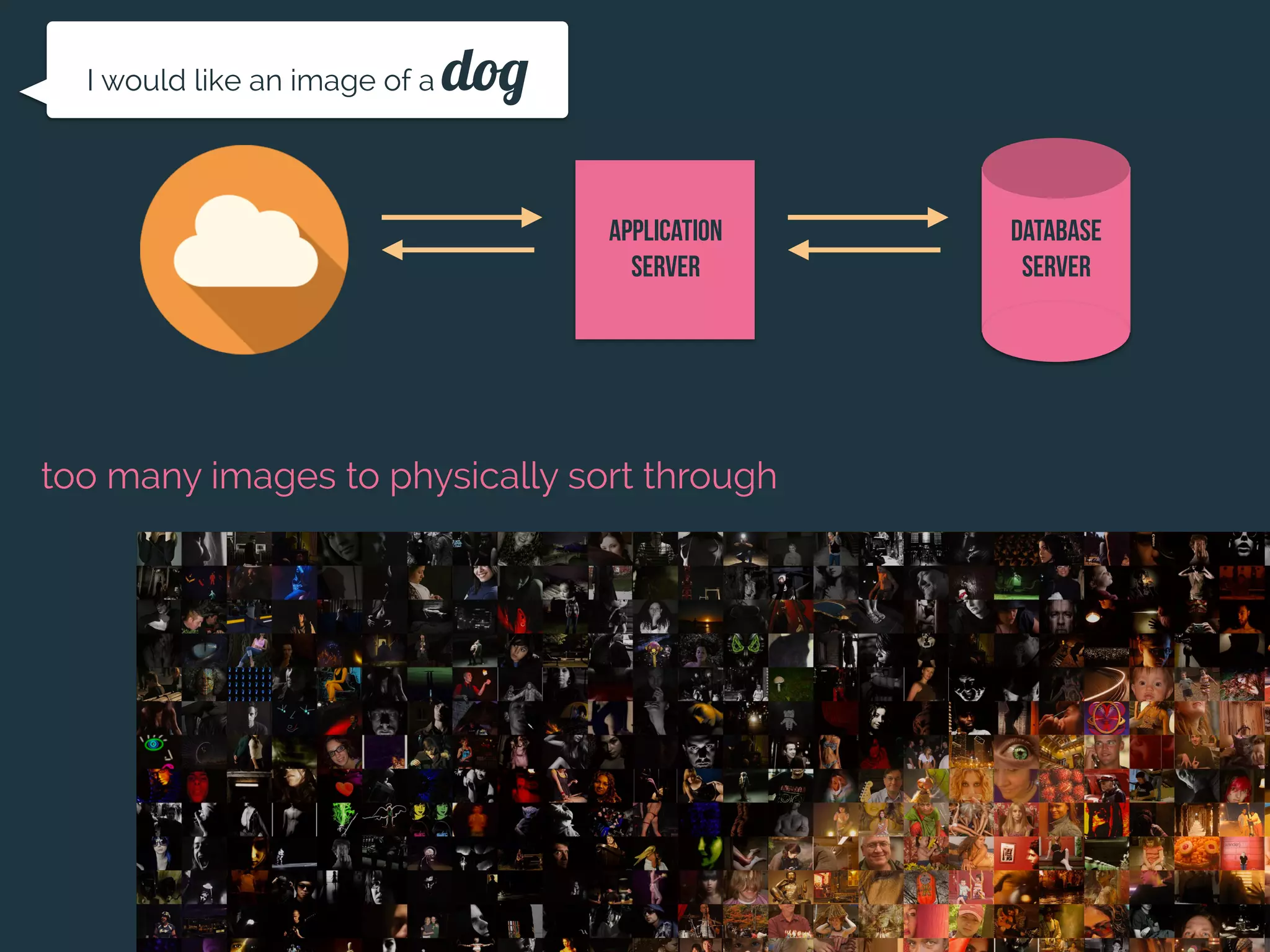 Application
Server
Database
server
I would like an image of a dog
too many images to physically sort through
 