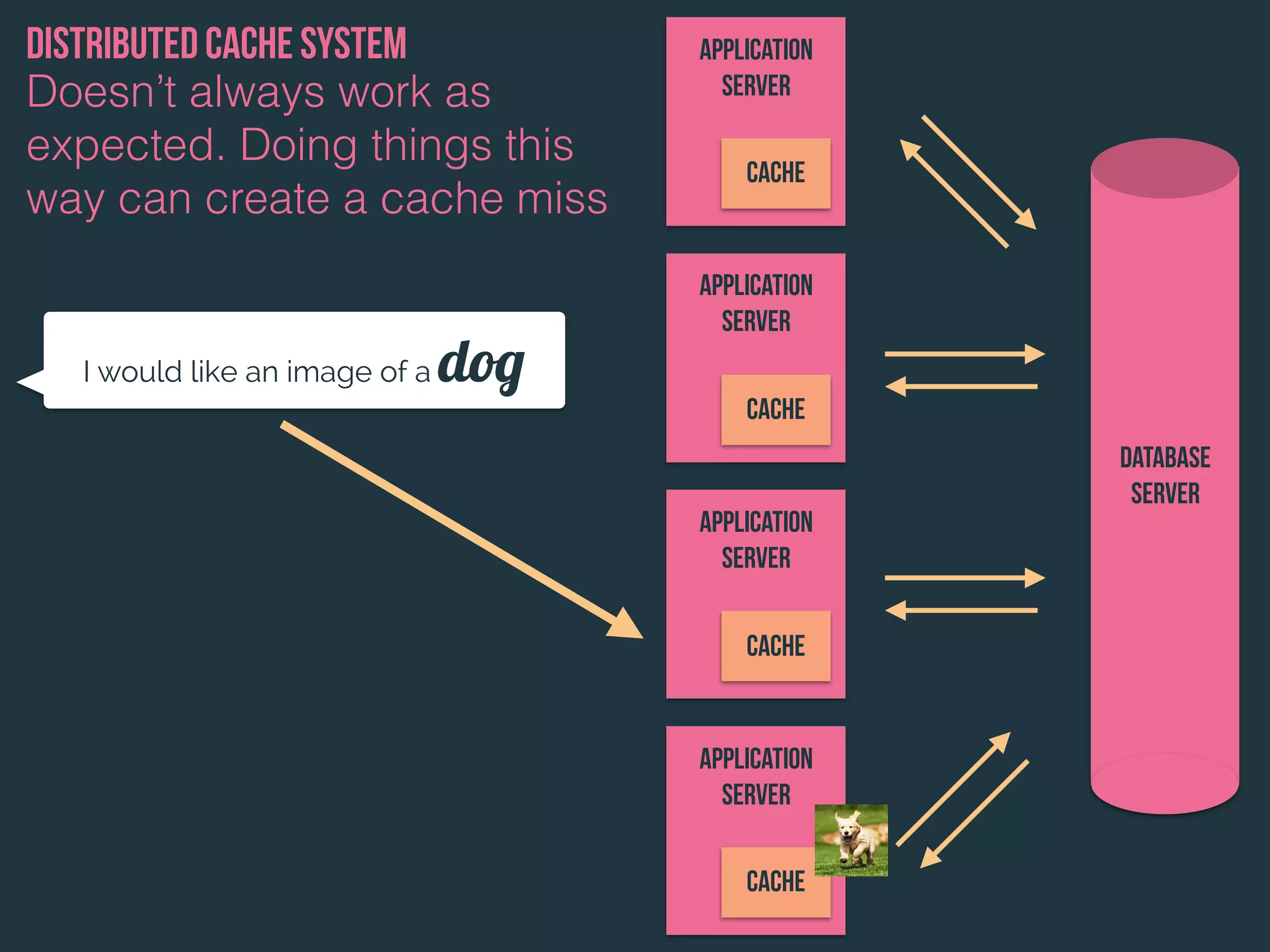 Database
server
Application
Server
cache
Application
Server
cache
Application
Server
cache
Application
Server
cache
I would like an image of a dog
Doesn’t always work as
expected. Doing things this
way can create a cache miss
Distributed cache system
 