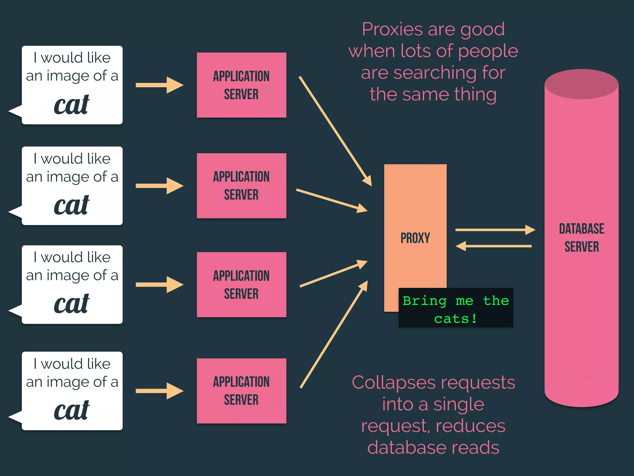 Database
server
I would like
an image of a
cat
I would like
an image of a
cat
I would like
an image of a
cat
I would like
an image of a
cat
Application
Server
Application
Server
Application
Server
Application
Server
Proxy
Proxies are good
when lots of people
are searching for
the same thing
Collapses requests
into a single
request, reduces
database reads
Bring me the
cats!
 