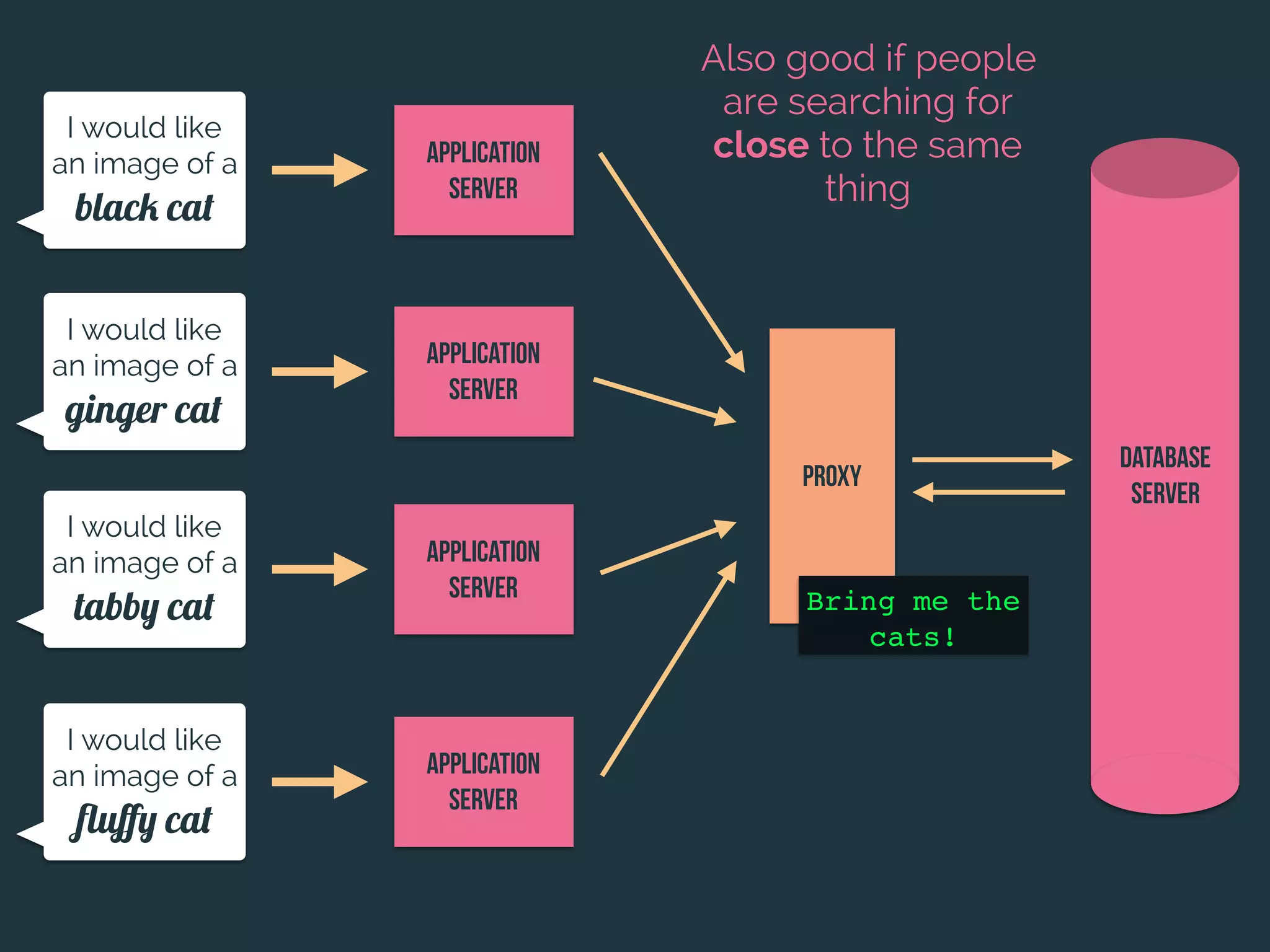 Database
server
I would like
an image of a
black cat
I would like
an image of a
ginger cat
I would like
an image of a
tabby cat
I would like
an image of a
ﬂuﬀy cat
Application
Server
Application
Server
Application
Server
Application
Server
Proxy
Also good if people
are searching for
close to the same
thing
Bring me the
cats!
 