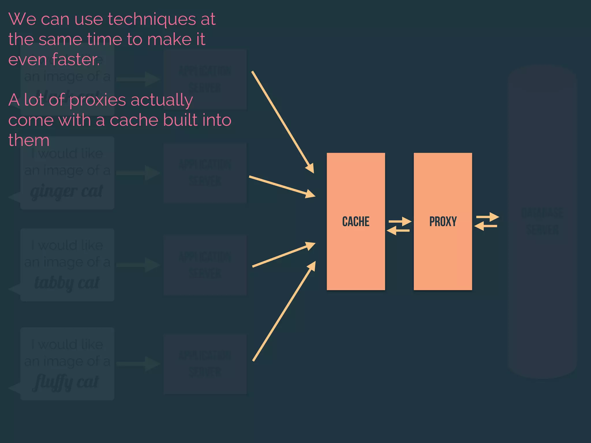 Database
server
I would like
an image of a
black cat
I would like
an image of a
ginger cat
I would like
an image of a
tabby cat
I would like
an image of a
ﬂuﬀy cat
Application
Server
Application
Server
Application
Server
Application
Server
Proxycache
We can use techniques at
the same time to make it
even faster.
A lot of proxies actually
come with a cache built into
them
 