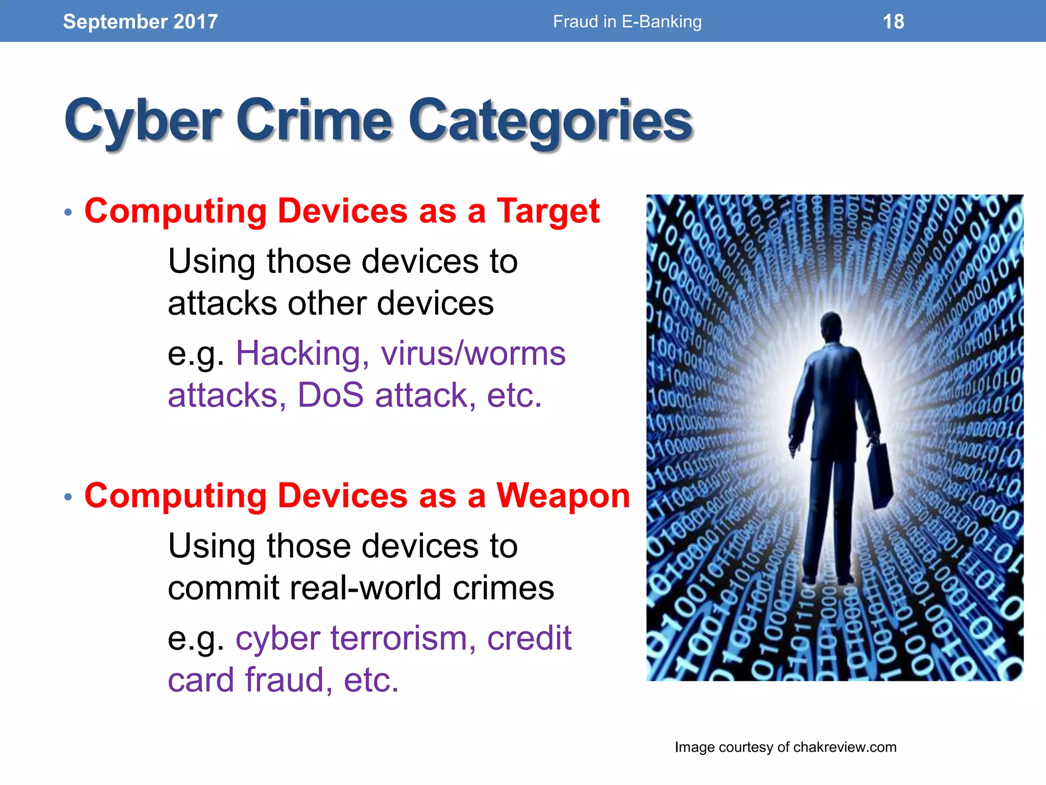 Cyber Crime Categories
• Computing Devices as a Target
Using those devices to
attacks other devices
e.g. Hacking, virus/worms
attacks, DoS attack, etc.
• Computing Devices as a Weapon
Using those devices to
commit real-world crimes
e.g. cyber terrorism, credit
card fraud, etc.
September 2017
Image courtesy of chakreview.com
18Fraud in E-Banking
 