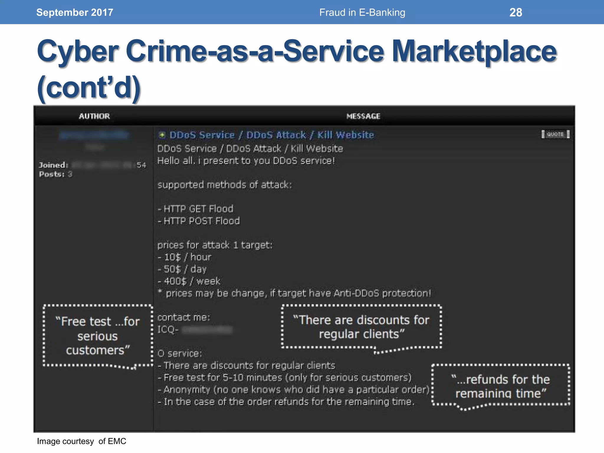 Cyber Crime-as-a-Service Marketplace
(cont’d)
September 2017 28
Image courtesy of EMC
Fraud in E-Banking
 