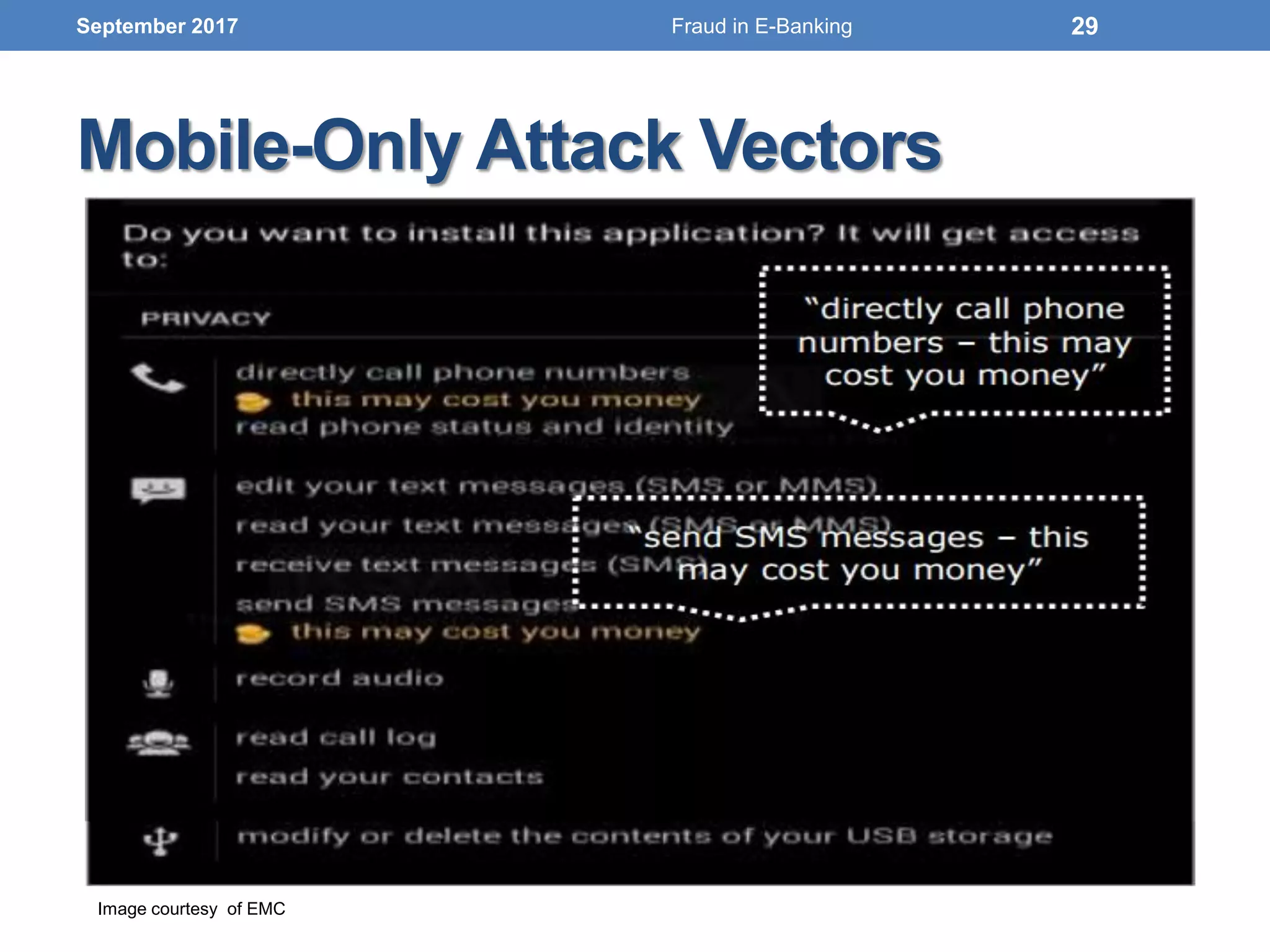Mobile-Only Attack Vectors
September 2017 29
Image courtesy of EMC
Fraud in E-Banking
 