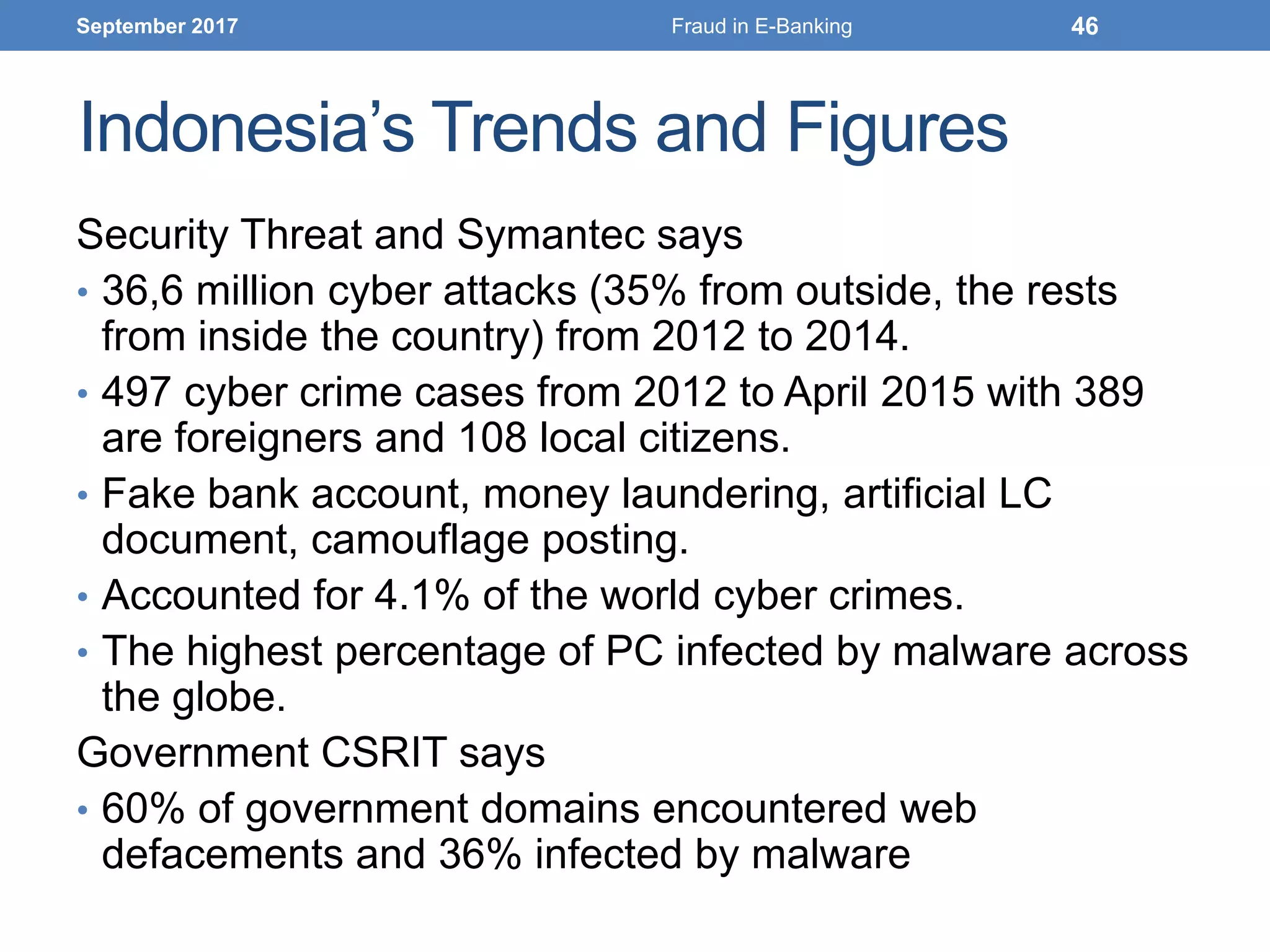 Indonesia’s Trends and Figures
Security Threat and Symantec says
• 36,6 million cyber attacks (35% from outside, the rests
from inside the country) from 2012 to 2014.
• 497 cyber crime cases from 2012 to April 2015 with 389
are foreigners and 108 local citizens.
• Fake bank account, money laundering, artificial LC
document, camouflage posting.
• Accounted for 4.1% of the world cyber crimes.
• The highest percentage of PC infected by malware across
the globe.
Government CSRIT says
• 60% of government domains encountered web
defacements and 36% infected by malware
September 2017 46Fraud in E-Banking
 