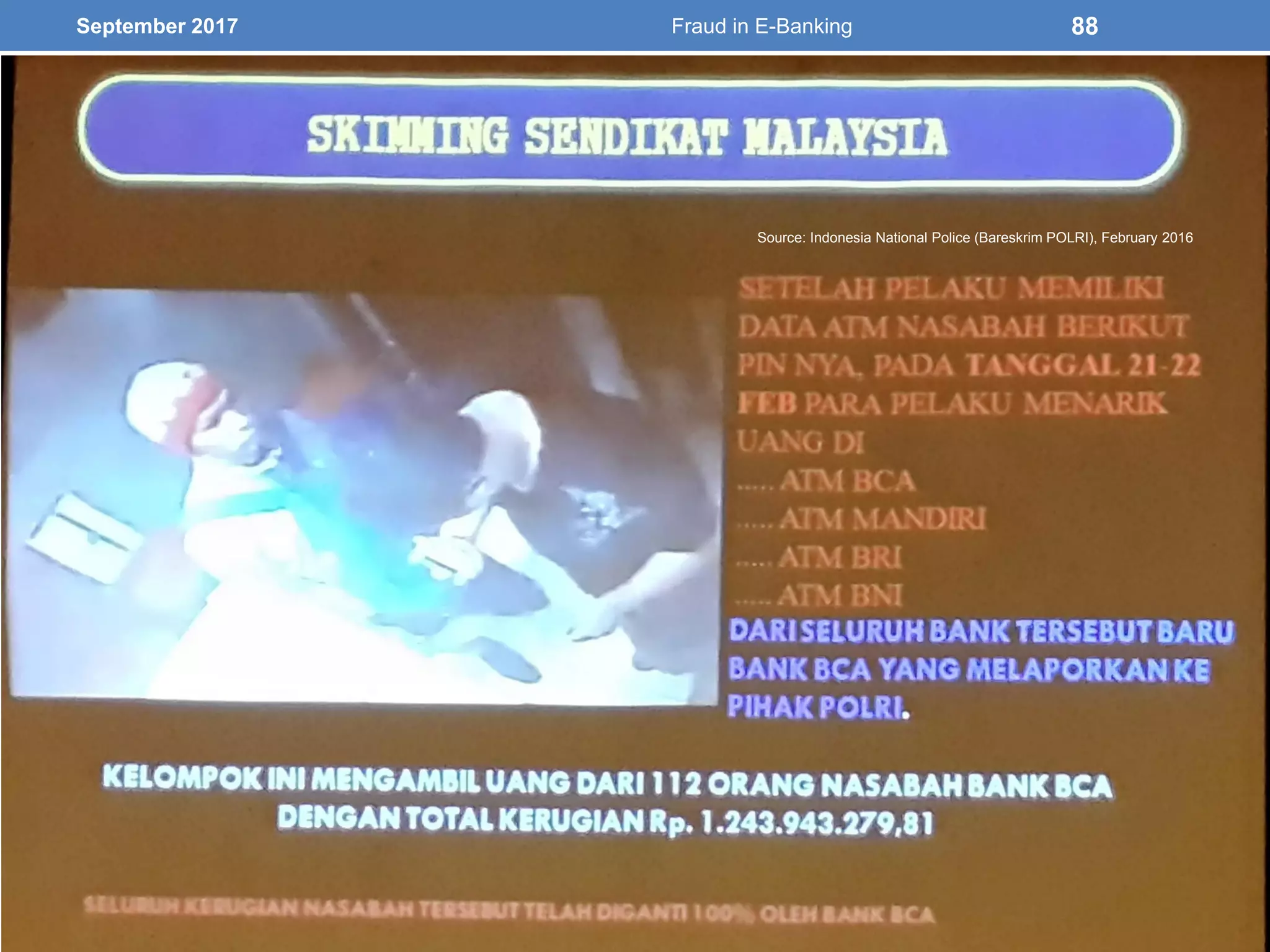 September 2017 Fraud in E-Banking 88
Source: Indonesia National Police (Bareskrim POLRI), February 2016
 