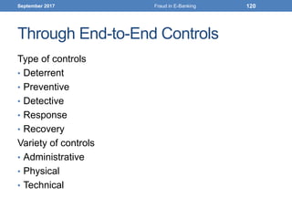 Through End-to-End Controls
Type of controls
• Deterrent
• Preventive
• Detective
• Response
• Recovery
Variety of controls
• Administrative
• Physical
• Technical
September 2017 Fraud in E-Banking 120
 