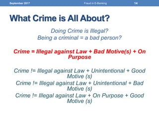 What Crime is All About?
Doing Crime is Illegal?
Being a criminal = a bad person?
Crime = Illegal against Law + Bad Motive(s) + On
Purpose
Crime != Illegal against Law + Unintentional + Good
Motive (s)
Crime != Illegal against Law + Unintentional + Bad
Motive (s)
Crime != Illegal against Law + On Purpose + Good
Motive (s)
September 2017 14Fraud in E-Banking
 
