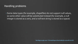 • Some data types (for example, shapefiles) do not support null values,
so some other value will be substituted instead (f...