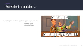 © 2019 Mesosphere, Inc. All Rights Reserved. 15
Everything is a container ...
Mesos is the golden standard for production grade, large scale clusters
Solomon Hykes
Co-founder Docker
 