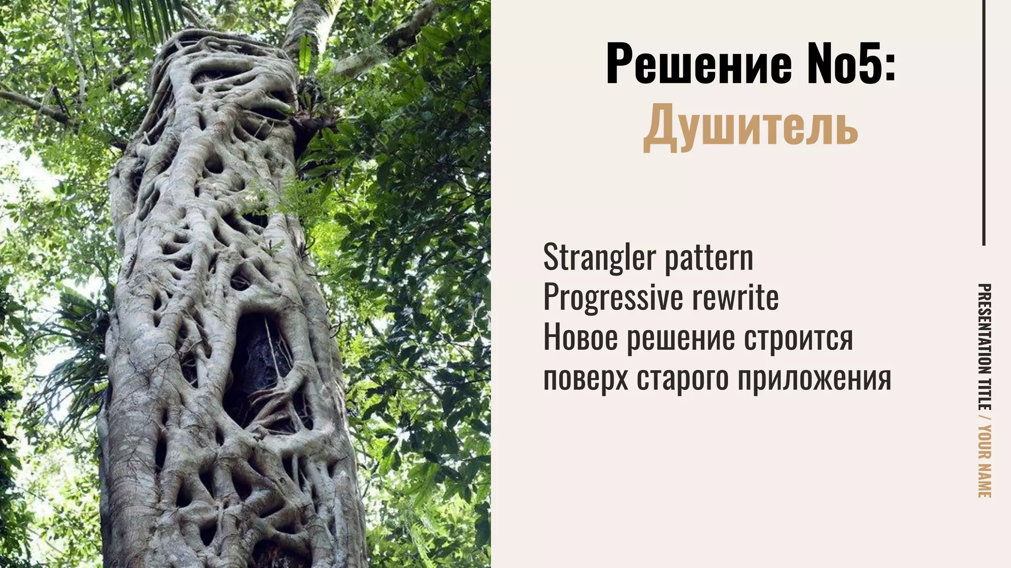 Решение №5:
Душитель
PRESENTATIONTITLE/YOURNAME
Strangler pattern
Progressive rewrite
Новое решение строится
поверх старого приложения
 