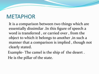 METAPHOR
It is a comparison between two things which are
essentially dissimilar .In this ﬁgure of speech a
word is transfe...