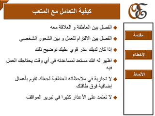 ‫مع‬ ‫العالقة‬ ‫و‬ ‫العاطفة‬ ‫بين‬ ‫الفصل‬‫ه‬
‫الشخص‬ ‫الشعور‬ ‫بين‬ ‫و‬ ‫للعمل‬ ‫االلتزام‬ ‫بين‬ ‫الفصل‬‫ي‬
‫ذلك‬ ‫توضيح‬ ‫عليك‬ ‫قوي‬ ‫عذر‬ ‫لديك‬ ‫كان‬ ‫إذا‬
‫ال‬ ‫يحتاجك‬ ‫وقت‬ ‫أي‬ ‫في‬ ‫لمساعدته‬ ‫مستعد‬ ‫انك‬ ‫له‬ ‫اظهر‬‫عمل‬
‫فيه‬
‫بأع‬ ‫تقوم‬ ‫لجعلك‬ ‫العاطفية‬ ‫مالحظاته‬ ‫في‬ ‫تجارية‬ ‫ال‬‫مال‬
‫طاقتك‬ ‫فوق‬ ‫إضافية‬
‫المواقف‬ ‫تبرير‬ ‫في‬ ‫كثيرا‬ ‫األعذار‬ ‫على‬ ‫تعتمد‬ ‫ال‬
‫التعامل‬ ‫كيفية‬‫مع‬‫المتعب‬
‫مقدمة‬
‫األخطاء‬
‫األنماط‬
 