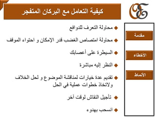 ‫للدوافع‬ ‫التعرف‬ ‫محاولة‬
‫الموقف‬ ‫احتواء‬ ‫و‬ ‫اإلمكان‬ ‫قدر‬ ‫الغضب‬ ‫امتصاص‬ ‫محاولة‬
‫أعصابك‬ ‫على‬ ‫السيطرة‬
‫مباشرة‬ ‫إليه‬ ‫النظر‬
‫الخالف‬ ‫لحل‬ ‫و‬ ‫الموضوع‬ ‫لمناقشة‬ ‫خيارات‬ ‫عدة‬ ‫تقديم‬
‫الحل‬ ‫في‬ ‫عملية‬ ‫خطوات‬ ‫والتخاذ‬
‫آخر‬ ‫لوقت‬ ‫النقاش‬ ‫تأجيل‬
‫بهدوء‬ ‫انسحب‬
‫مع‬ ‫التعامل‬ ‫كيفية‬‫المتفجر‬ ‫البركان‬
‫مقدمة‬
‫األخطاء‬
‫األنماط‬
 