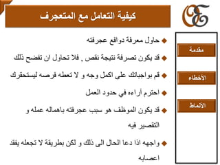 ‫عجرفته‬ ‫دوافع‬ ‫معرفة‬ ‫حاول‬
‫نقص‬ ‫نتيجة‬ ‫تصرفة‬ ‫يكون‬ ‫قد‬,‫ذلك‬ ‫تفضح‬ ‫ان‬ ‫تحاول‬ ‫فال‬
‫ليست‬ ‫فرصه‬ ‫تعطه‬ ‫ال‬ ‫و‬ ‫وجه‬ ‫اكمل‬ ‫على‬ ‫بواجباتك‬ ‫قم‬‫حقرك‬
‫العمل‬ ‫حدود‬ ‫في‬ ‫آراءه‬ ‫احترم‬
‫و‬ ‫عمله‬ ‫باهماله‬ ‫عجرفته‬ ‫سبب‬ ‫هو‬ ‫الموظف‬ ‫يكون‬ ‫قد‬
‫فيه‬ ‫التقصير‬
‫ي‬ ‫تجعله‬ ‫ال‬ ‫بطريقة‬ ‫لكن‬ ‫و‬ ‫ذلك‬ ‫الى‬ ‫الحال‬ ‫دعا‬ ‫اذا‬ ‫واجهه‬‫فقد‬
‫اعصابه‬
‫مع‬ ‫التعامل‬ ‫كيفية‬‫المتعجرف‬
‫مقدمة‬
‫األخطاء‬
‫األنماط‬
 