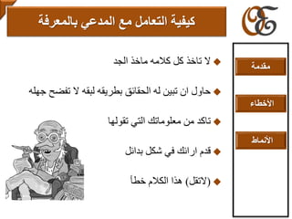 ‫الجد‬ ‫ماخذ‬ ‫كالمه‬ ‫كل‬ ‫تاخذ‬ ‫ال‬
‫تفضح‬ ‫ال‬ ‫لبقه‬ ‫بطريقه‬ ‫الحقائق‬ ‫له‬ ‫تبين‬ ‫ان‬ ‫حاول‬‫جهله‬
‫تقولها‬ ‫التي‬ ‫معلوماتك‬ ‫من‬ ‫تاكد‬
‫بدائل‬ ‫شكل‬ ‫في‬ ‫ارائك‬ ‫قدم‬
(‫التقل‬(‫خطأ‬ ‫الكالم‬ ‫هذا‬
‫التعامل‬ ‫كيفية‬‫مع‬‫المدعي‬‫بالمعرفة‬
‫مقدمة‬
‫األخطاء‬
‫األنماط‬
 