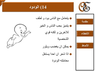 ‫لطف‬ ‫و‬ ‫بود‬ ‫الناس‬ ‫مع‬ ‫يتعامل‬
‫الخير‬ ‫و‬ ‫الناس‬ ‫بحب‬ ‫يتميز‬
‫قوي‬ ‫لكنه‬ ‫و‬ ‫لالخرين‬
‫الشخصية‬
‫ويثور‬ ‫يغضب‬ ‫ان‬ ‫يمكن‬
‫يستغل‬ ‫احدا‬ ‫ان‬ ‫شعر‬ ‫اذا‬
‫الودوة‬ ‫معاملته‬
14)‫الودود‬
‫مقدمة‬
‫األخطاء‬
‫األنماط‬
 