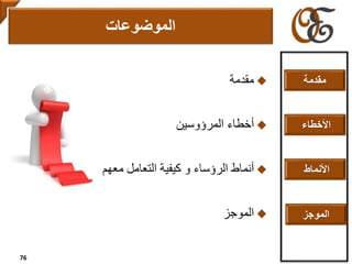 ‫مقدمة‬
‫أخطاء‬‫المرؤوسين‬
‫التعامل‬ ‫كيفية‬ ‫و‬ ‫الرؤساء‬ ‫أنماط‬‫معهم‬
‫الموجز‬
‫الموضوعات‬
76
‫مقدمة‬
‫األخطاء‬
‫األنماط‬
‫الموجز‬
 