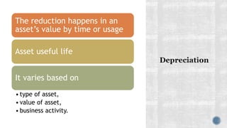 The reduction happens in an
asset’s value by time or usage
Asset useful life
It varies based on
•type of asset,
•value of asset,
•business activity.
 