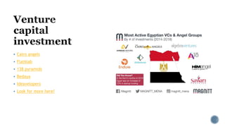  Cairo angels
 Flat6lab
 138 pyramids
 Bedaya
 Ideavelopers
 Look for more here!
 