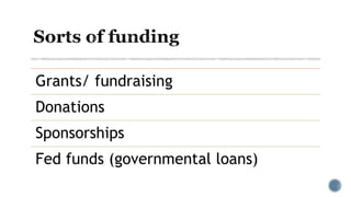 Grants/ fundraising
Donations
Sponsorships
Fed funds (governmental loans)
 