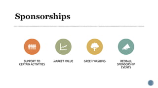SUPPORT TO
CERTAIN ACTIVITIES
MARKET VALUE GREEN WASHING REDBALL
SPONSORSHIP
EVENTS
 