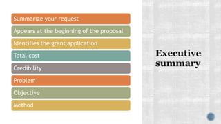 Summarize your request
Appears at the beginning of the proposal
Identifies the grant application
Total cost
Credibility
Problem
Objective
Method
 