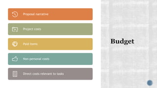Proposal narrative
Project costs
Paid items
Non-personal costs
Direct costs relevant to tasks
 