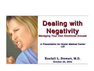 Dealing with
Negativity

Managing Your Own Emotional Arousal
A Presentation for Holzer Medical Center
LDI

Kendall L. Stewart, M.D.
October 22, 2004

 
