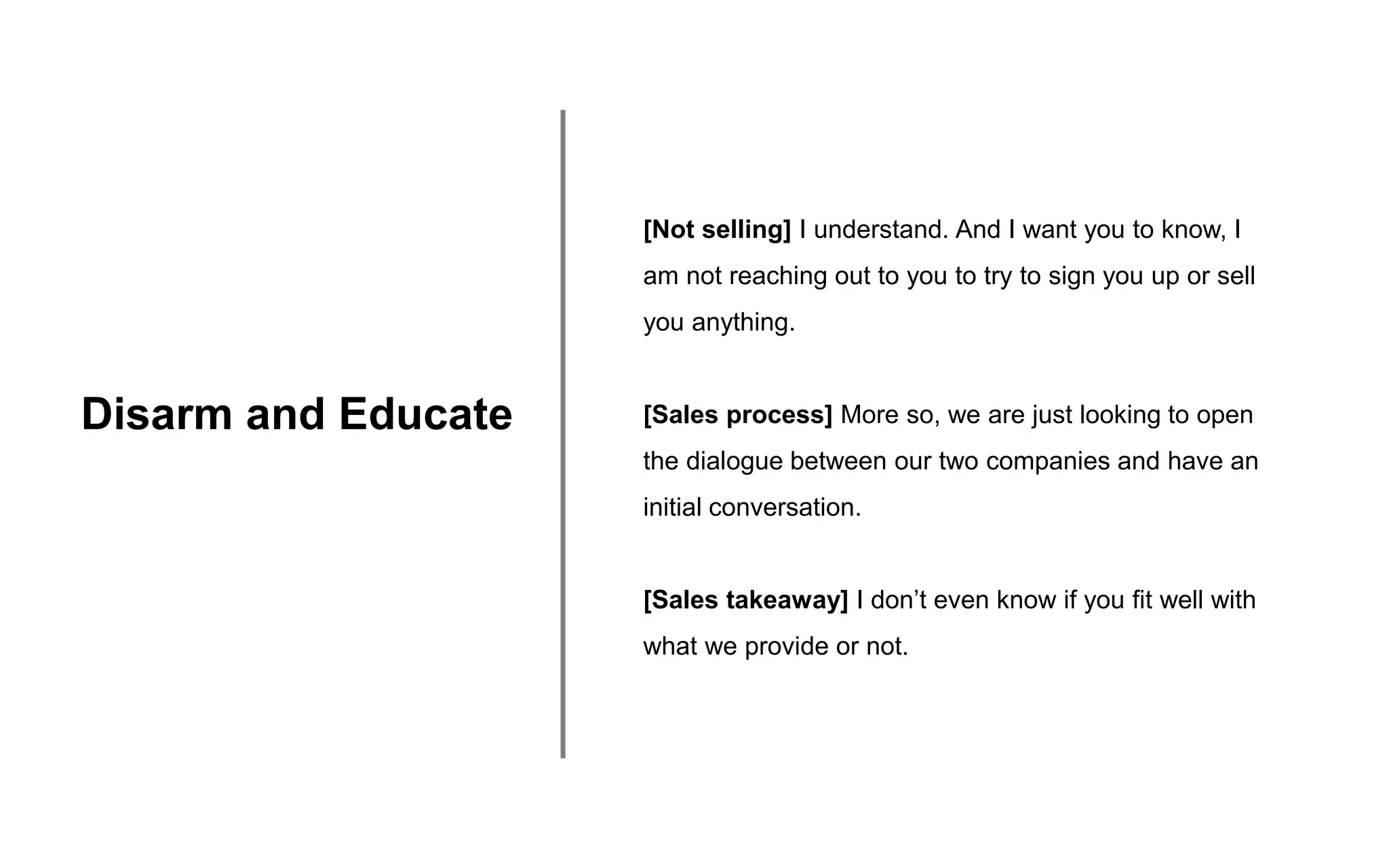 Disarm and Educate
[Not selling] I understand. And I want you to know, I
am not reaching out to you to try to sign you up or sell
you anything.
[Sales process] More so, we are just looking to open
the dialogue between our two companies and have an
initial conversation.
[Sales takeaway] I don’t even know if you fit well with
what we provide or not.
 
