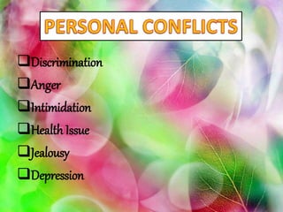 Discrimination
Anger
Intimidation
Health Issue
Jealousy
Depression
 