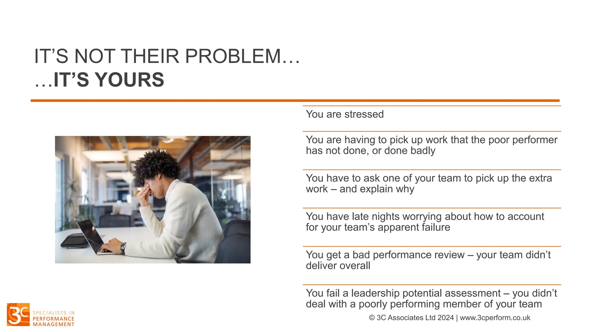 IT’S NOT THEIR PROBLEM…
…IT’S YOURS
You are stressed
You are having to pick up work that the poor performer
has not done, or done badly
You have to ask one of your team to pick up the extra
work – and explain why
You have late nights worrying about how to account
for your team’s apparent failure
You get a bad performance review – your team didn’t
deliver overall
You fail a leadership potential assessment – you didn’t
deal with a poorly performing member of your team
© 3C Associates Ltd 2024 | www.3cperform.co.uk
 