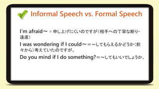 Informal Speech vs. Formal Speech 
I’m afraid～ = 申し上げにくいのですが（相手への丁寧な断り・ 
遠慮） 
I was wondering if I could～＝～してもらえるかどうか（前 
々から）考えていたのですが。 
Do you mind if I do something?＝～してもいいでしょうか。 
 